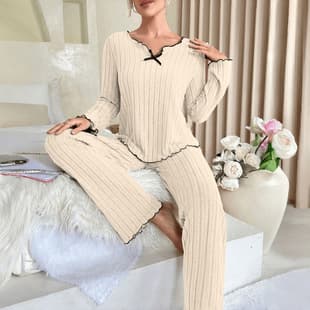 Fall/Winter Temu Exclusive Cross-Border Pajamas for Women Amazon Bestseller Black Trim Twisted Hem Casual Ladies Homewear Set