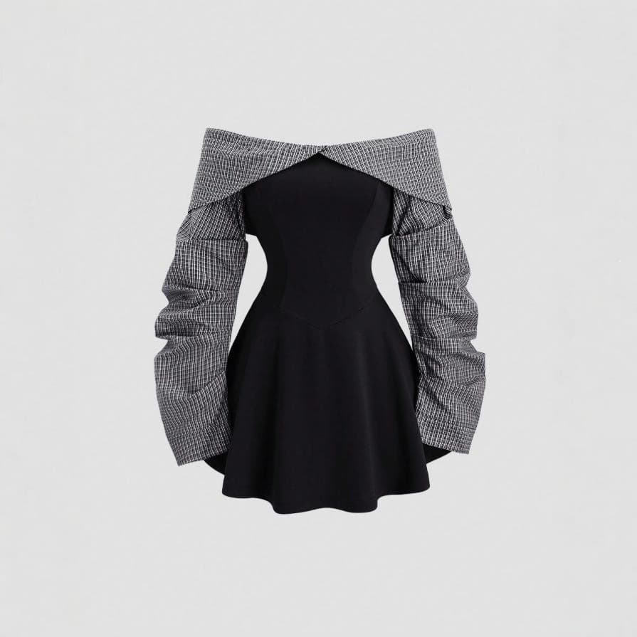 2025 spring and autumn cross-border European and American sexy hottie lady style raglan retro striped contrasting one-line collar dress