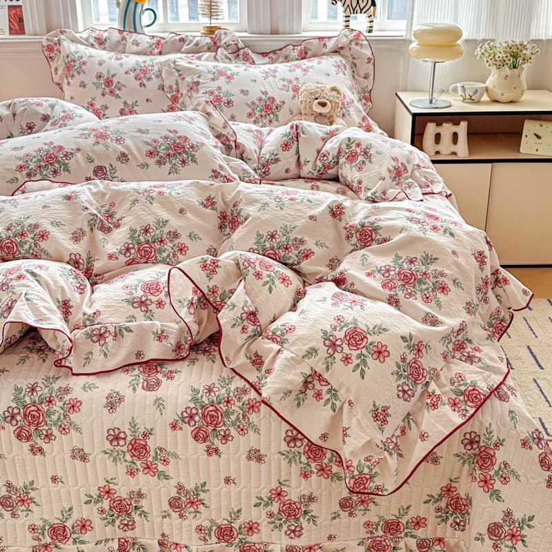 Cloud-Touch Double-Layer Gauze Duvet Cover, Korean Lace Princess Style, Puff Gauze Crinkled Cotton Duvet Cover, Breathable Lightweight Duvet Cover