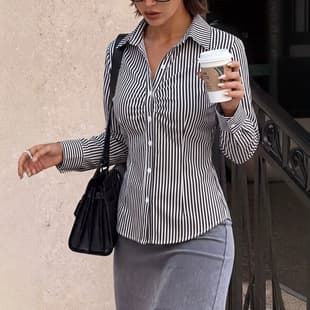 Women's Lapel Curved Hem, Single-Breasted Striped Pleated Front Fitted Shirt, Elegant Waist-Cinching for a Flattering Silhouette
