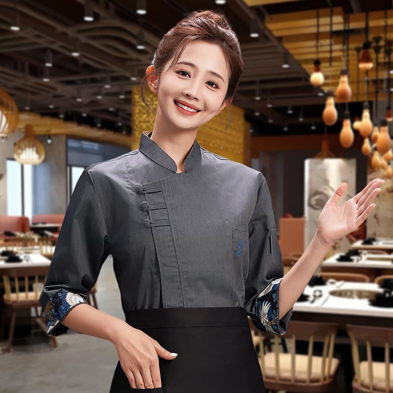 Guofeng Chunqiu Waterproof Female Chef Uniform for Chinese Restaurant, Private Kitchen, Banquet Service Staff, Customizable Printing