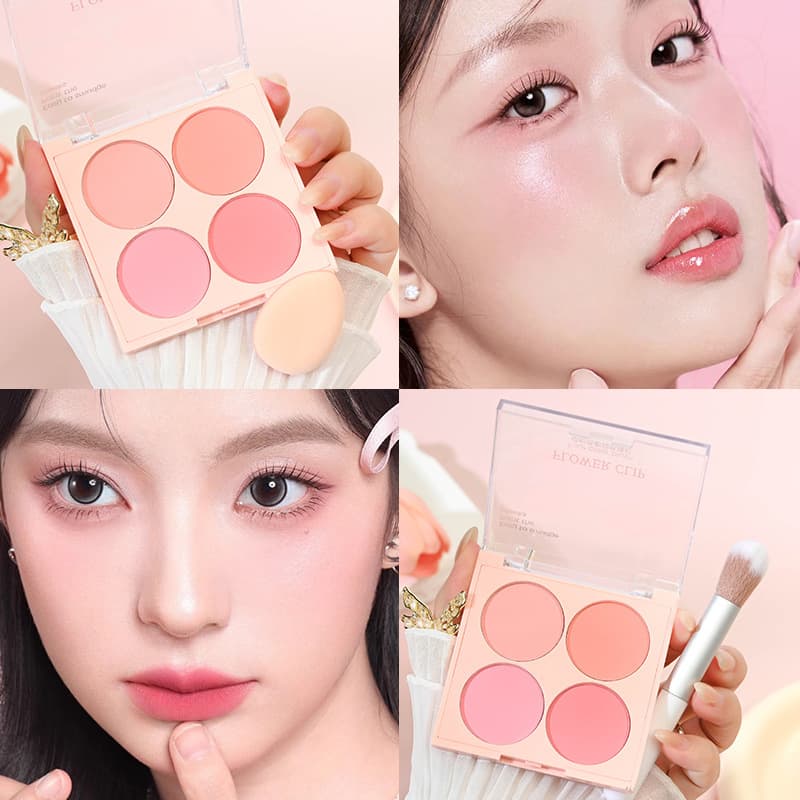 Lively Colors Four-Color Blush Palette, Low Saturation Matte, Natural Brightening, Contouring Rouge Palette, Bare-Face Student Blush for Women