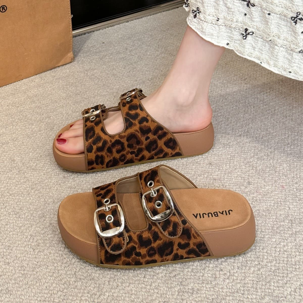 Sheepskin version ~ 2026 new summer style retro style leopard print heightening fashion versatile Birken shoes thick-soled flip-flops for women