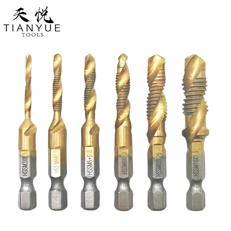 Cross-Border 6pc High-Speed Steel Combination Tap, Integrated Drilling and Tapping Tap, Titanium-Plated Machine Hole Punching, Tapping, and Chamfering Tap