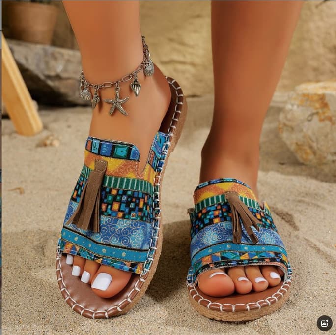 Cross-border Trade Plus Size Flat Ethnic Style Slippers Women 2025 Summer New European American Tassel Beach Women's Shoes Size 43
