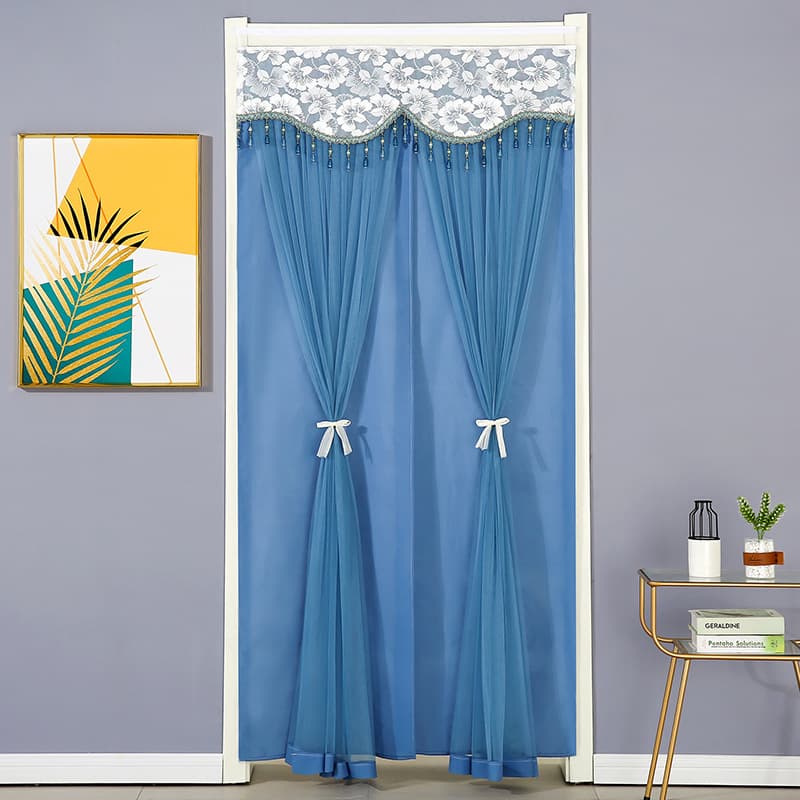 Blue Double-Layer Door Curtain, No-Drill Self-Adhesive Hook and Loop, Kitchen Bedroom Partition Curtain, Privacy Blocking