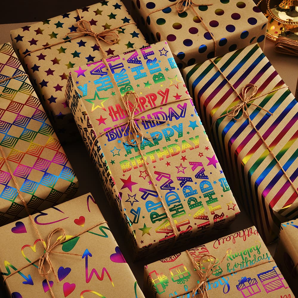 Cross-border new style rolled kraft paper retro colorful bronzing birthday balloon Valentine's Day five-pointed star gift wrapping paper