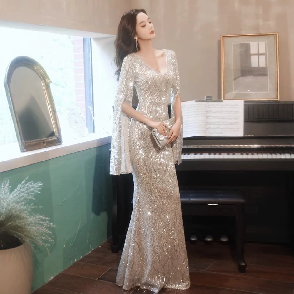 Host evening dress 2026 new banquet style ladylike light luxury niche sequined waist fishtail dress
