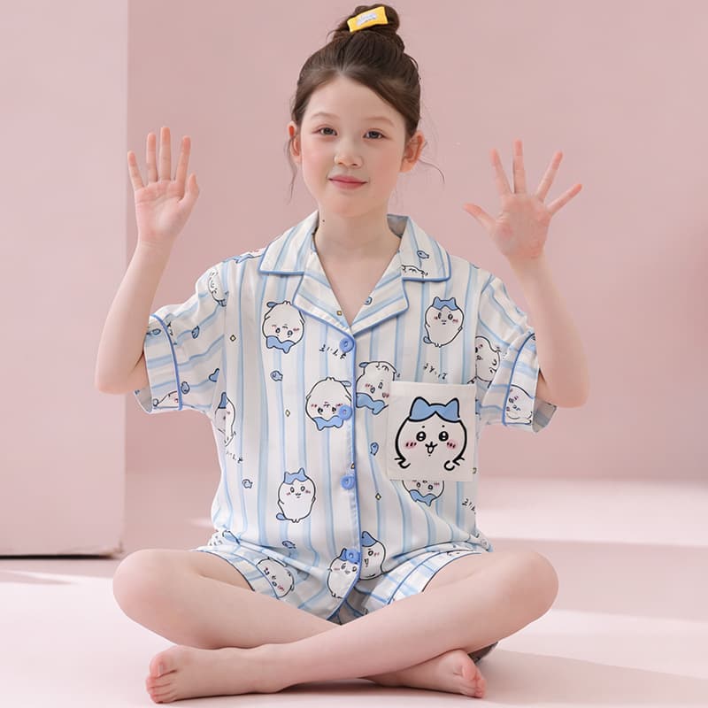 5-Year-Old Girl Ice Silk Pajamas Summer Thin Short Sleeve Medium to Large Child 15-Year-Old Girl Cute Homewear Set Wholesale