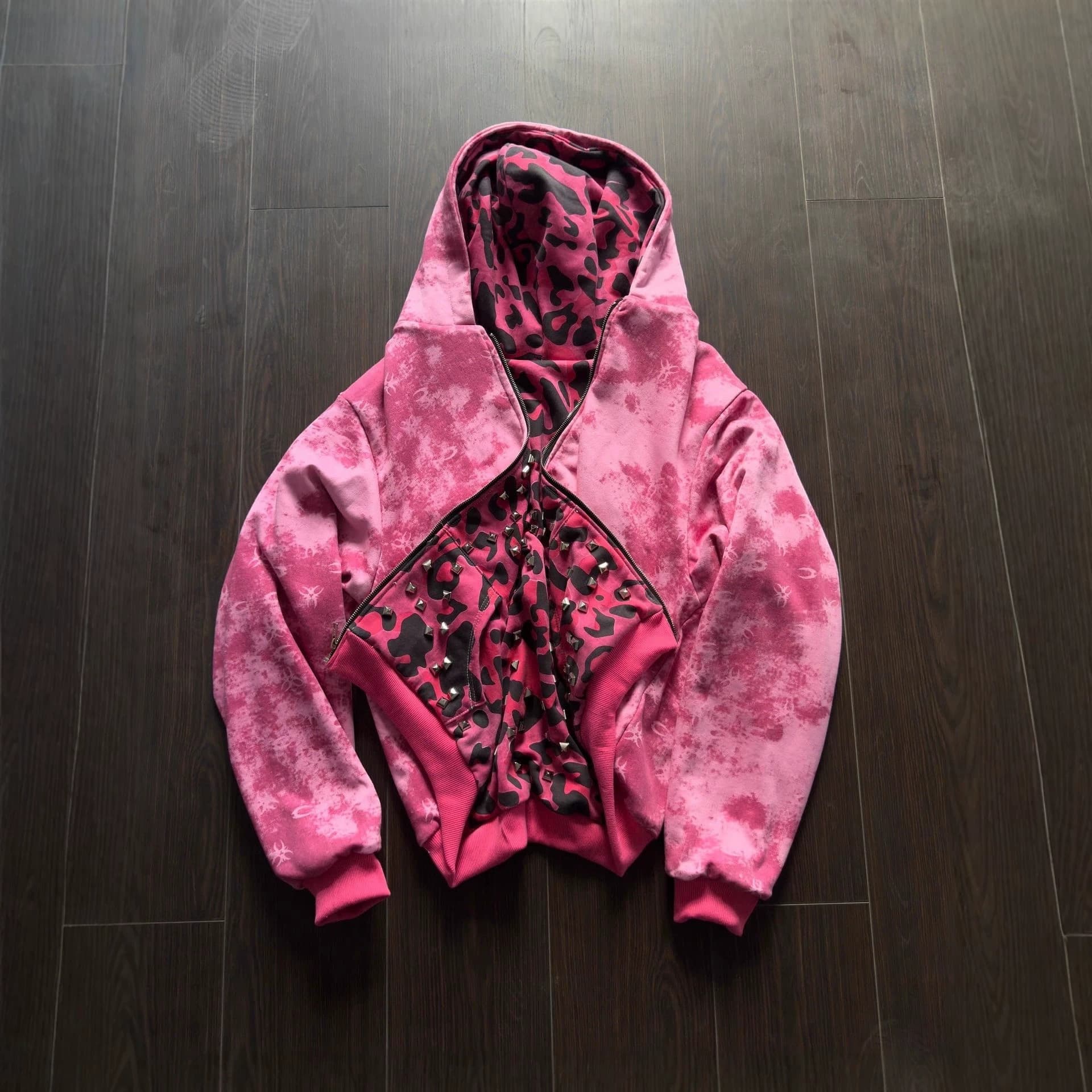 Cross-border American Retro Trend Distressed Leopard Print High-Street Zip-Up Hoodie Loose Unisex Printed Sweatshirt