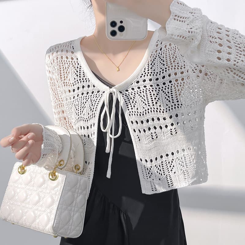 2026 Summer New Hollow Knit Lace-Up Cardigan for Women, Thin Long Sleeve, Slimming and Age-Reducing Cover-Up Top