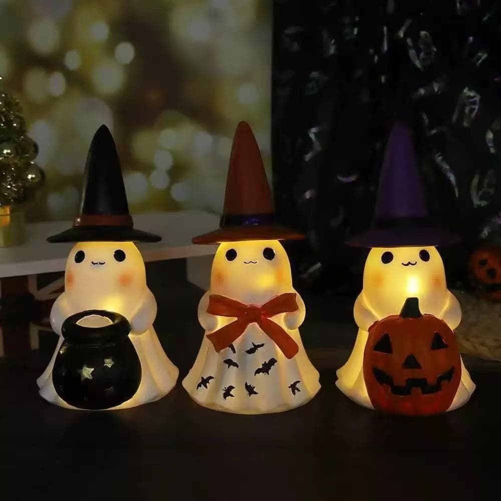 Halloween Glowing Ghost Figurine Witch Hat Pumpkin Lamp Desktop Night Light Festive Atmosphere Decoration