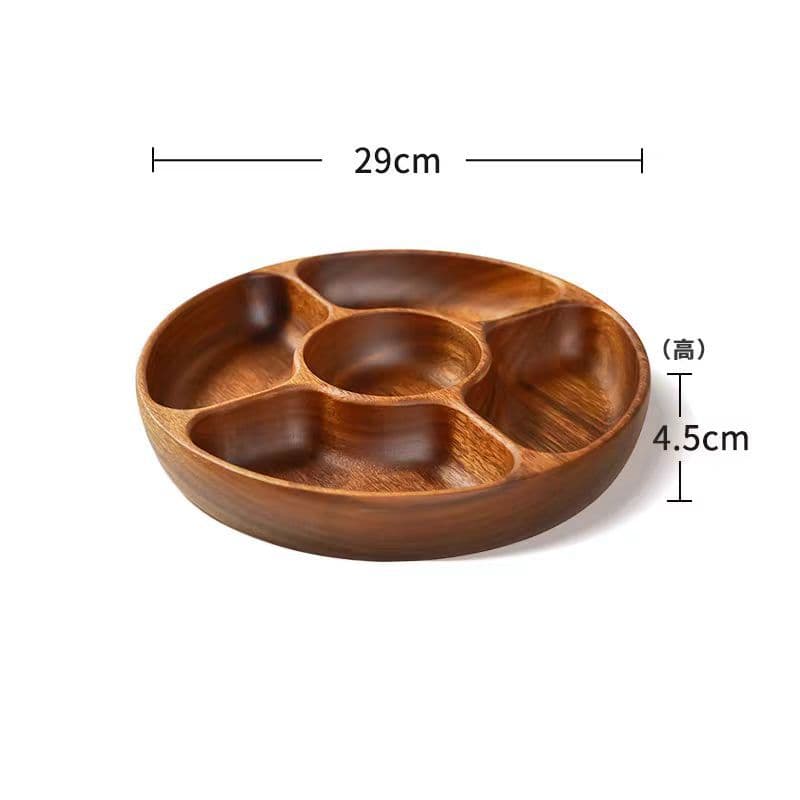 Walnut five-compartment round fruit tray, dessert plate, snack dish, and dried fruit box