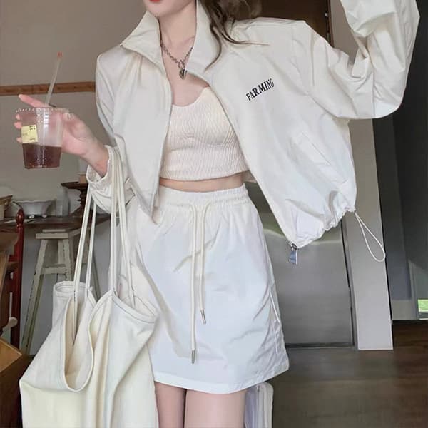Fashionable Age-Defying Women's Sportswear Set Summer Lightweight Stand Collar Sun Protection Jacket High Waist Half Skirt Pants Casual Two-Piece Set