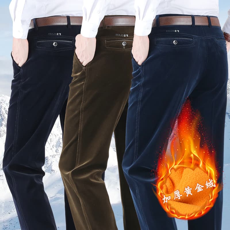 2025 Winter Men's Clothing for Middle-Aged and Elderly Fathers - Fleece-Lined Thickened Cotton Corduroy Casual Pants, Straight Leg, Elastic Waist, Long Trousers, Dress Pants