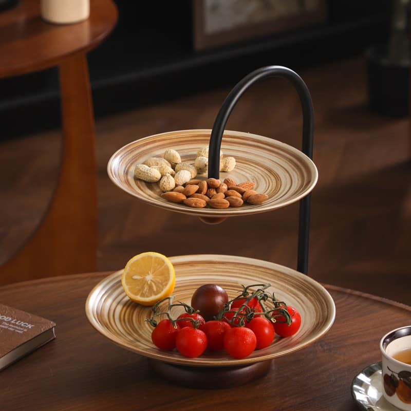 Double-Layer U-Shaped Vintage Handmade Dried Fruit and Fruit Plate Japanese Wabi-Sabi Ceramic Snack Plate Afternoon Tea Multi-Layer Dessert Plate