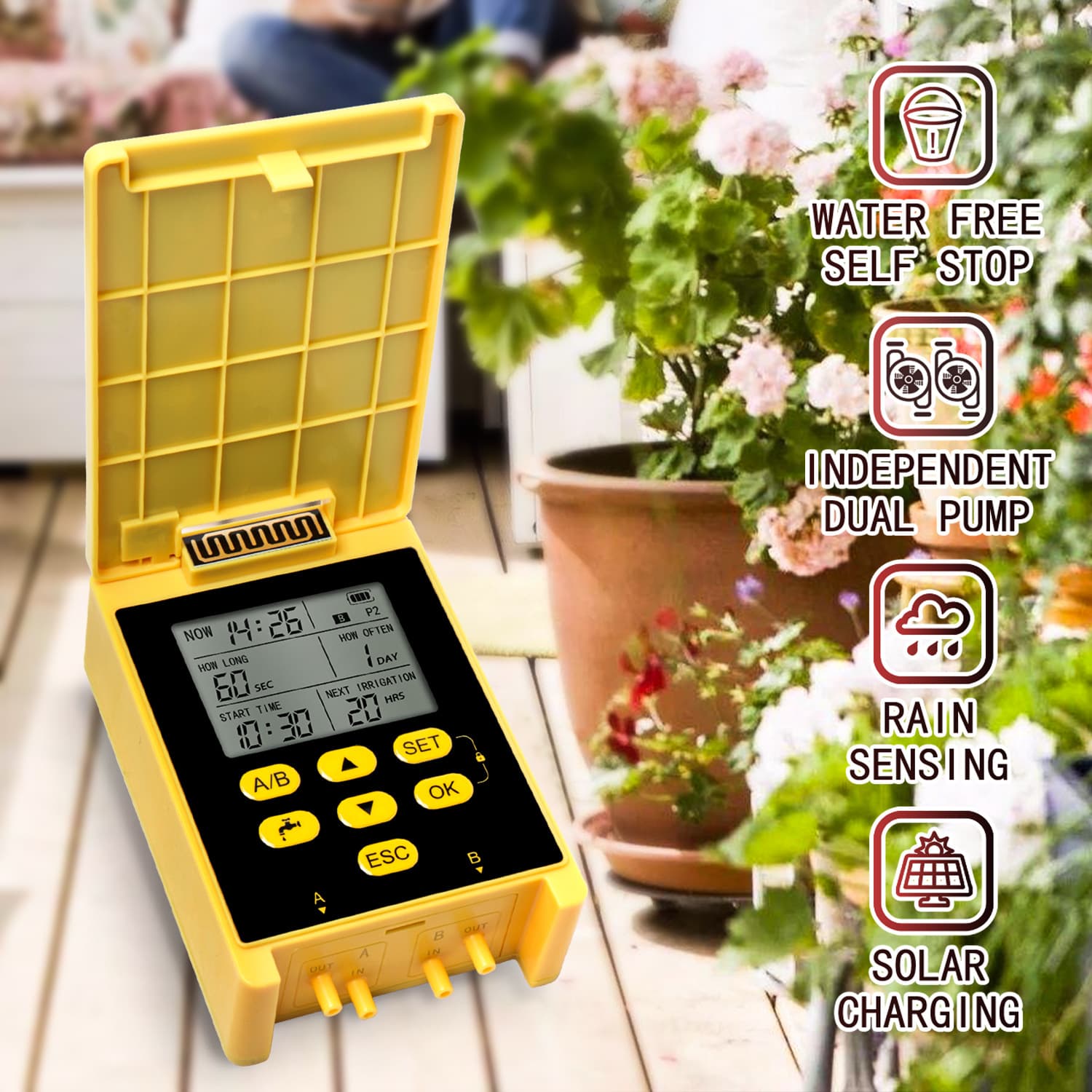 Rain Sensor Solar Dual Pump Automatic Plant Watering Drip Irrigation System Garden Balcony Spray Irrigation