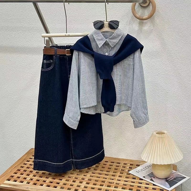 Girls' Jeans Spring Autumn Set 2026 Fall New Middle Big Child Striped Shirt Two Piece Set Long Pants
