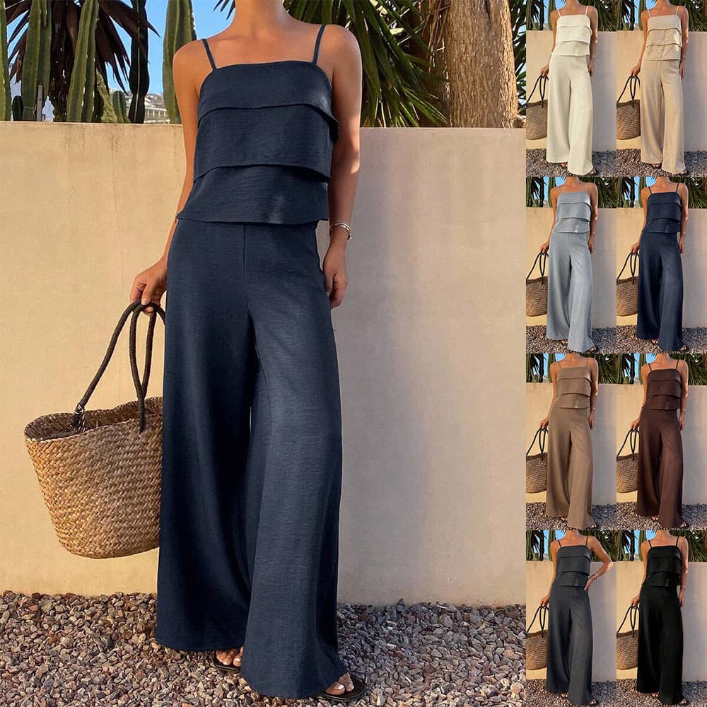 2026 European and American Women's Fashion Amazon Independent Station Summer New Cross-border Ruffle Camisole Wide-leg Pants Cotton Set