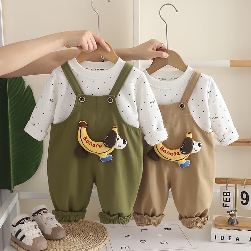 2026 Boys Autumn Outfit Set Spring Fall Clothes Baby Children Sweatshirt Banana Dog Bib Two-Piece Set Wholesale