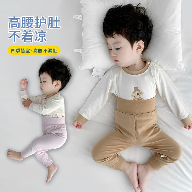 Baby thermal underwear set, pure cotton, two-piece, high-waisted, warm, tummy-protecting, base layer for girls, autumn and winter.