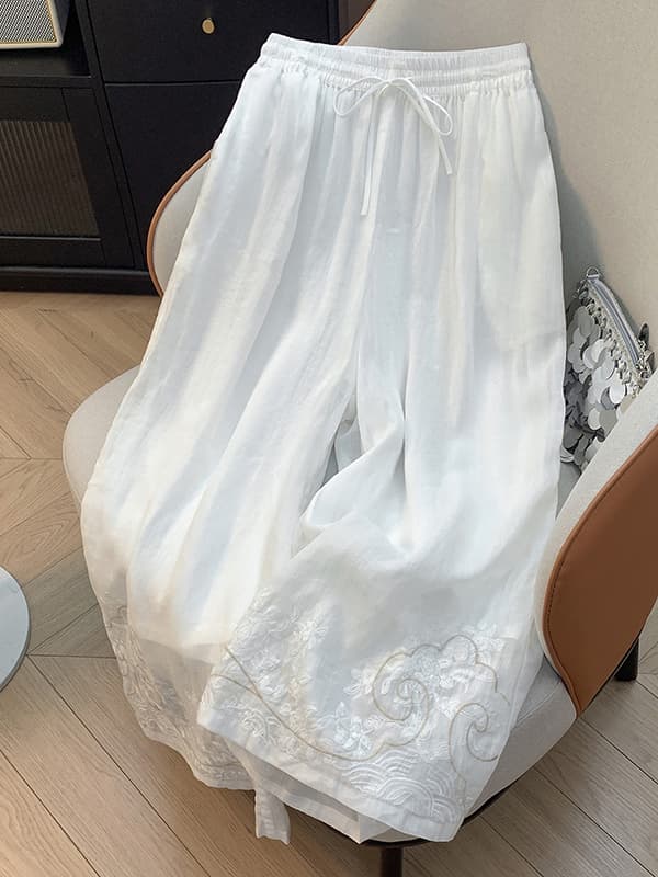 Vintage Chinese-style Embroidered Double-layer Ramie Wide-leg Pants for Women, Summer Thin Version, Elastic Waist with Drawstring, Draped Long Pants