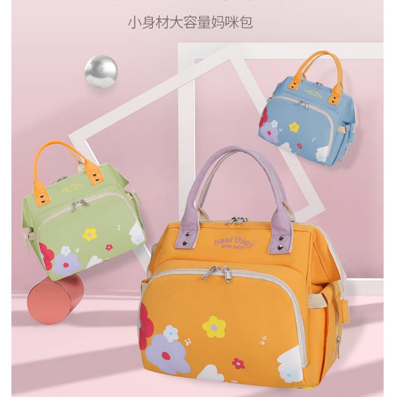 Portable Lightweight Travel Multi-purpose Mommy Bag Fashionable Handheld Nylon Floral Print Contrast Color Baby Storage Bag