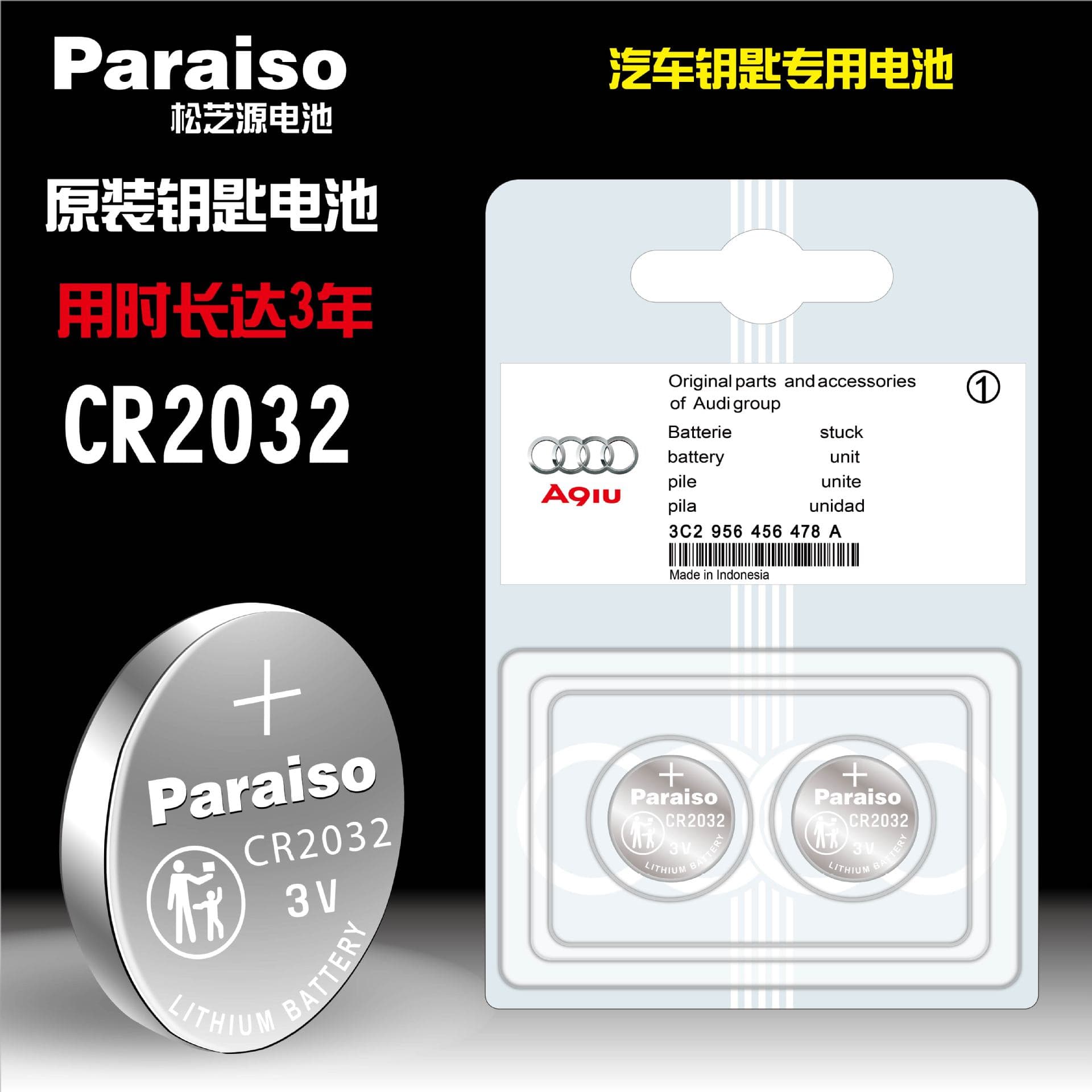 Paraiso/Songzhiyuan CR2032 Button Cell Battery Compatible with Audi All Series Remote Key Battery