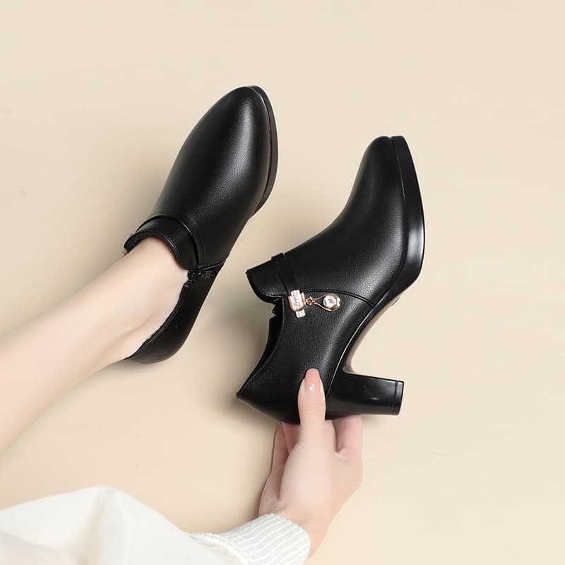 Pointed Toe High Heel Shoes Women 2023 New Spring Autumn Mid Heel Leather Soft Deep Mouth Single Shoes Chunky Heel Mother Shoes