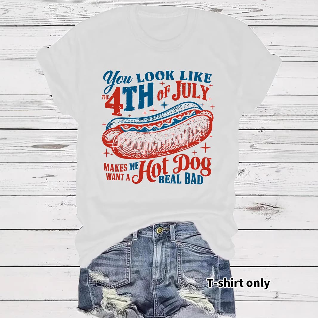 Women's Fashion T-Shirt with Patriotic Hot Dog Print, Short Sleeve, Cute Design, In Stock