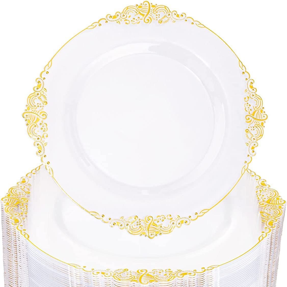 Gold Foil Transparent Plate Set Disposable Dragon Pattern Black Gold Rim Embossed PS Hard Plastic Tableware for Export