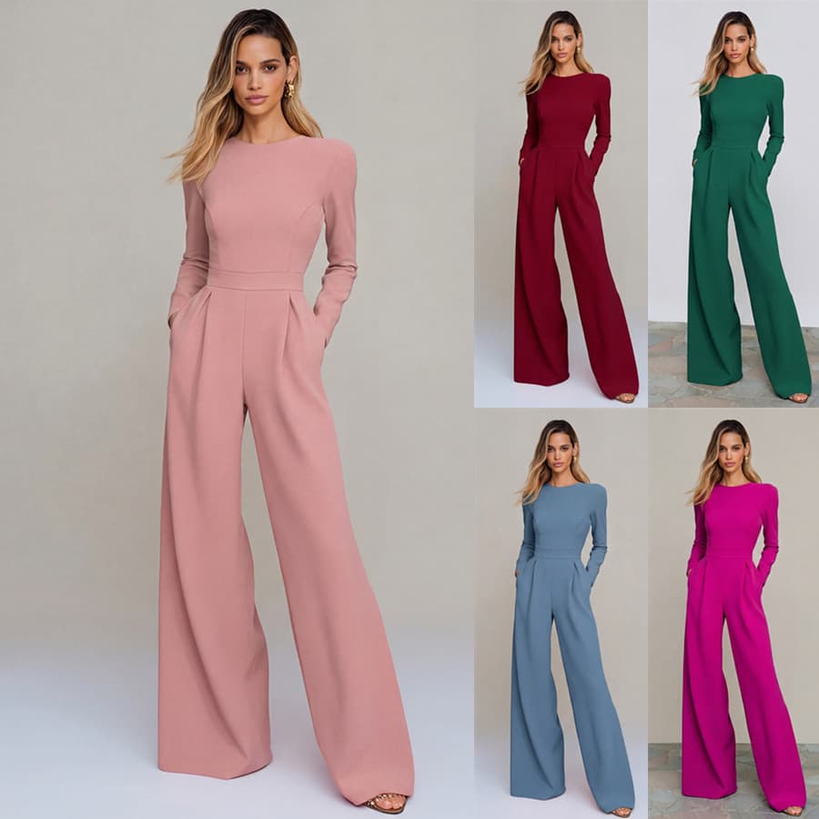 2026 Fall/Winter Women's Round Neck Long Sleeve Waist-Cinching Jumpsuit for Cross-Border E-Commerce