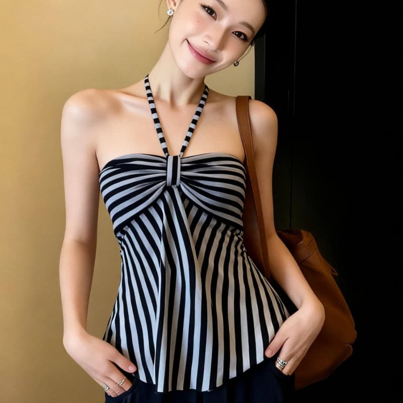 Sexy Striped Halter Vest Top for Women Summer Waist-Slimming Design with Unique Bow Detail