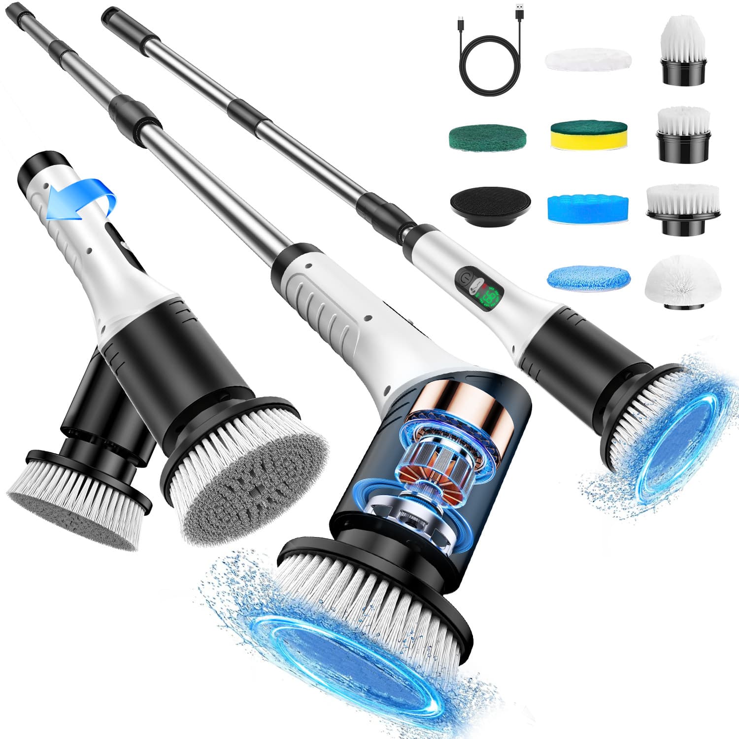Amazon Multifunctional Digital Display Electric Cleaning Brush, Rotatable Telescopic Wireless Handheld Brush for Bathroom and Kitchen