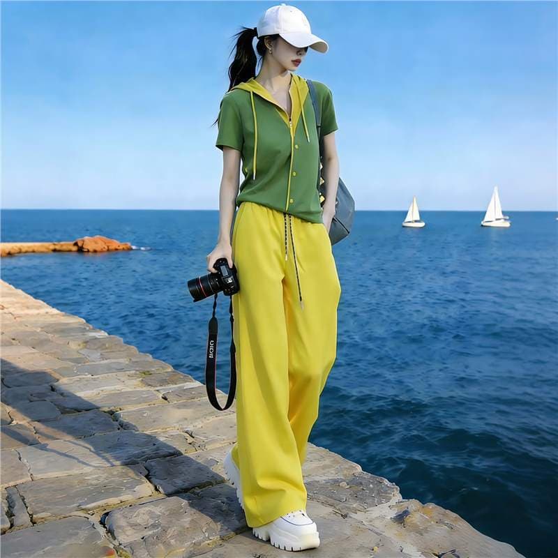 Shenzhen Nanyou 2026 Trending Dopamine Casual Sports Set Women Summer Hoodie Short Sleeve Wide Leg Pants Two-Piece