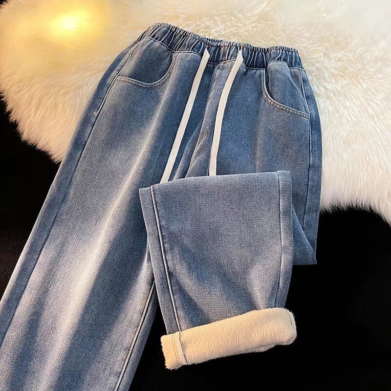 Fleece-Lined Thickened Jeans for Men, Autumn/Winter Straight-Leg Solid Color High-Street Loose Casual Wide-Leg Dad Pants Wholesale