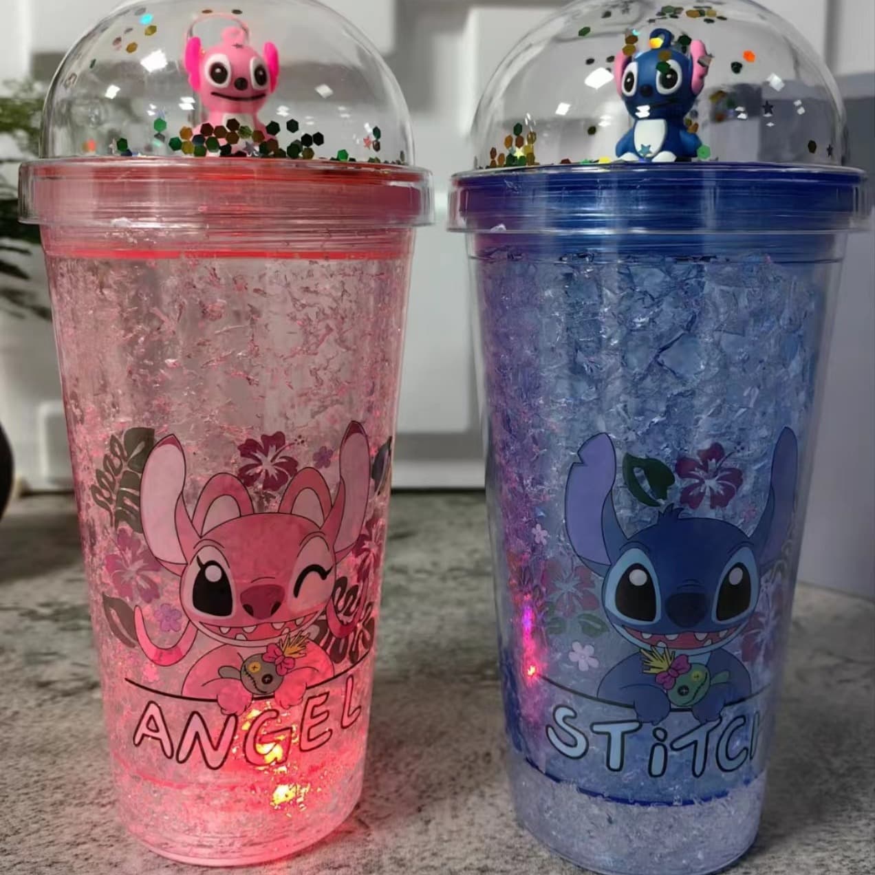 Plastic Straw Ice Cup Stitch Cartoon Plastic Water Cup Double Layer Cup Glitter Ice Cup New Cross-border High Appearance