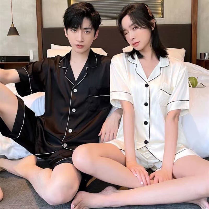 White Couple Pajamas One Female One Male Summer Ice Silk Smooth Plus Size Short-Sleeved Home Clothes Loose Silk Thin