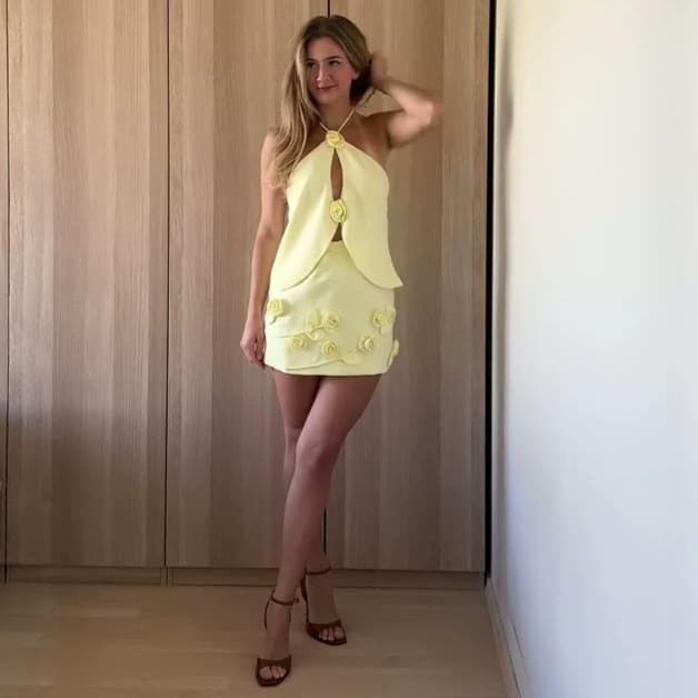 European and American cross-border independent station foreign trade spring and autumn halter neck hollow flower top high waist short skirt suit