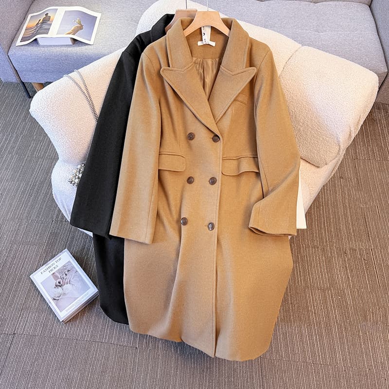 130-350 Jin Plus Size Women's Clothing for Curvy Girls Autumn/Winter Wool Blend Coat British Retro Straight Shoulder Mid-Length Trench Coat