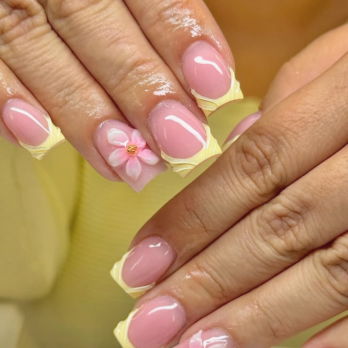 Short Square Yellow French Tip Press-On Nails with 3D Resin Water Ripple Floral and Steel Bead Decorations