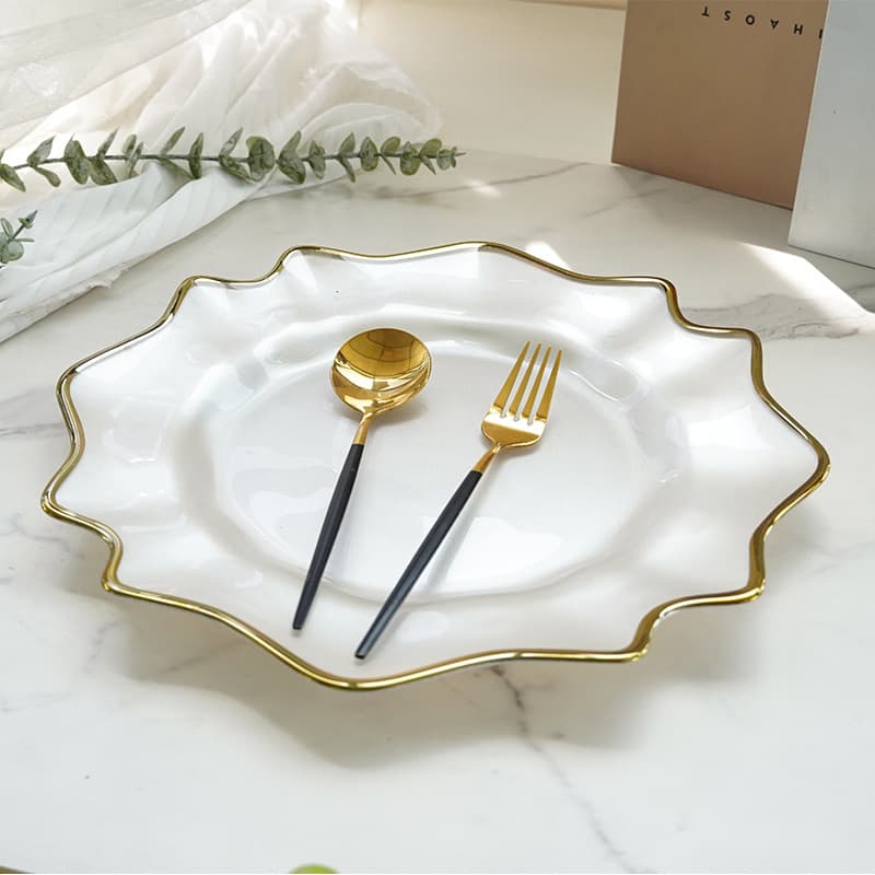 Simple Lace Glass Plate Irregular Gold Rim Plate Western Food Plate Steak Plate Hotel Party Decorative Display