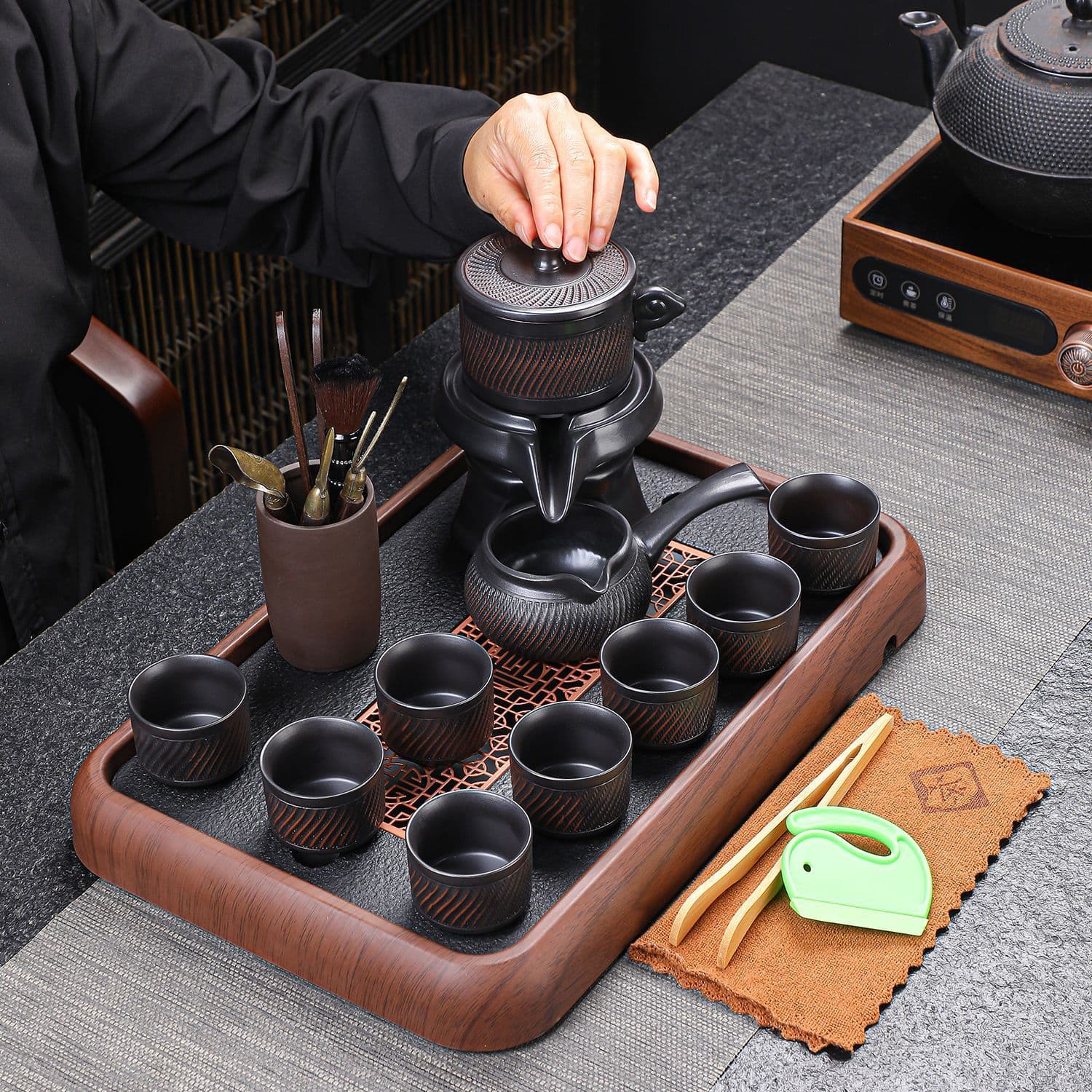 Purple pottery Kung Fu tea set Purple sand retro covered bowl tea cup household teapot set stone mill lazy anti-scald tea making artifact