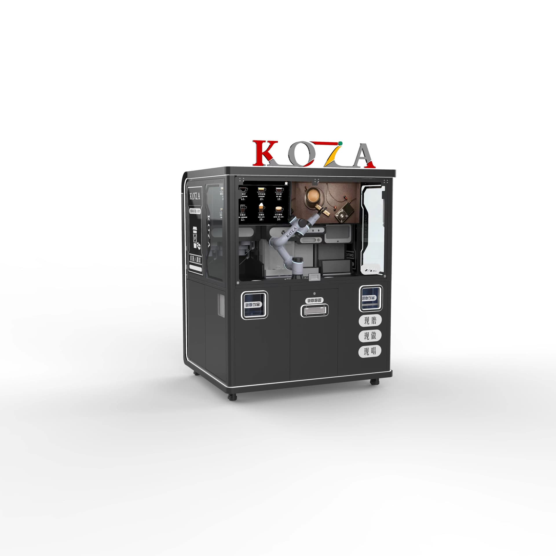 Fully Automatic Smart Coffee Vending Machine with QR Code Scanner, Integrated Kiosk, Commercial One-Touch Touchscreen Coffee Robotic Arm