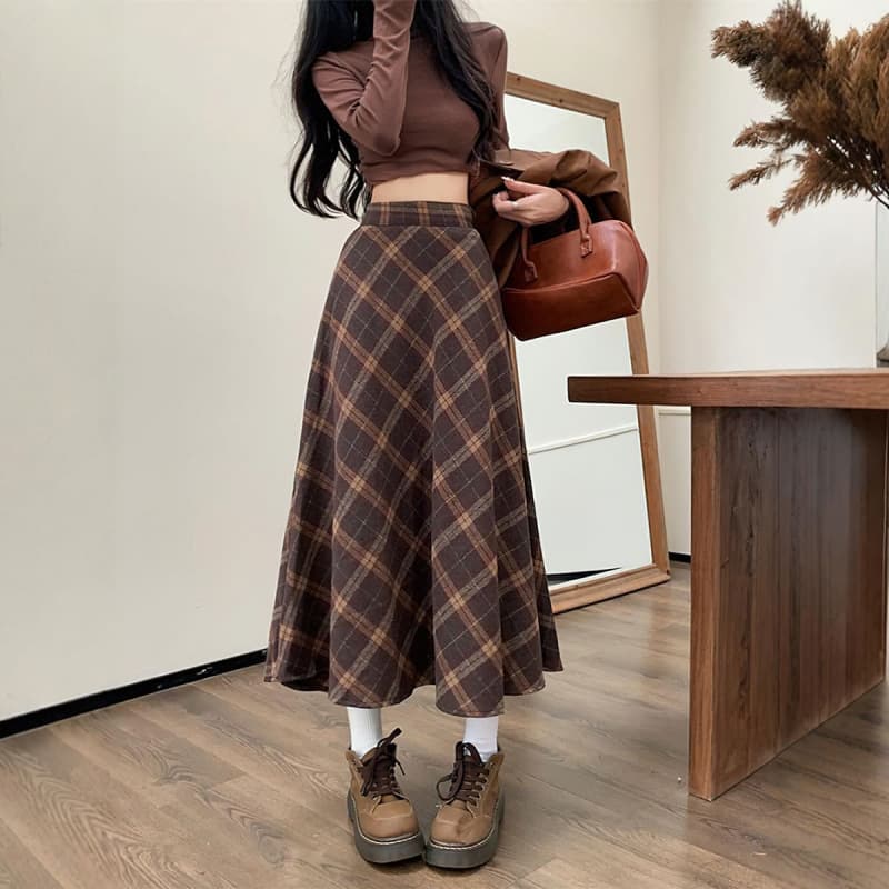 Plaid Wool Blend Midi Skirt Autumn Winter New Season Mallard Lazy A-Line Skirt for Petite Women