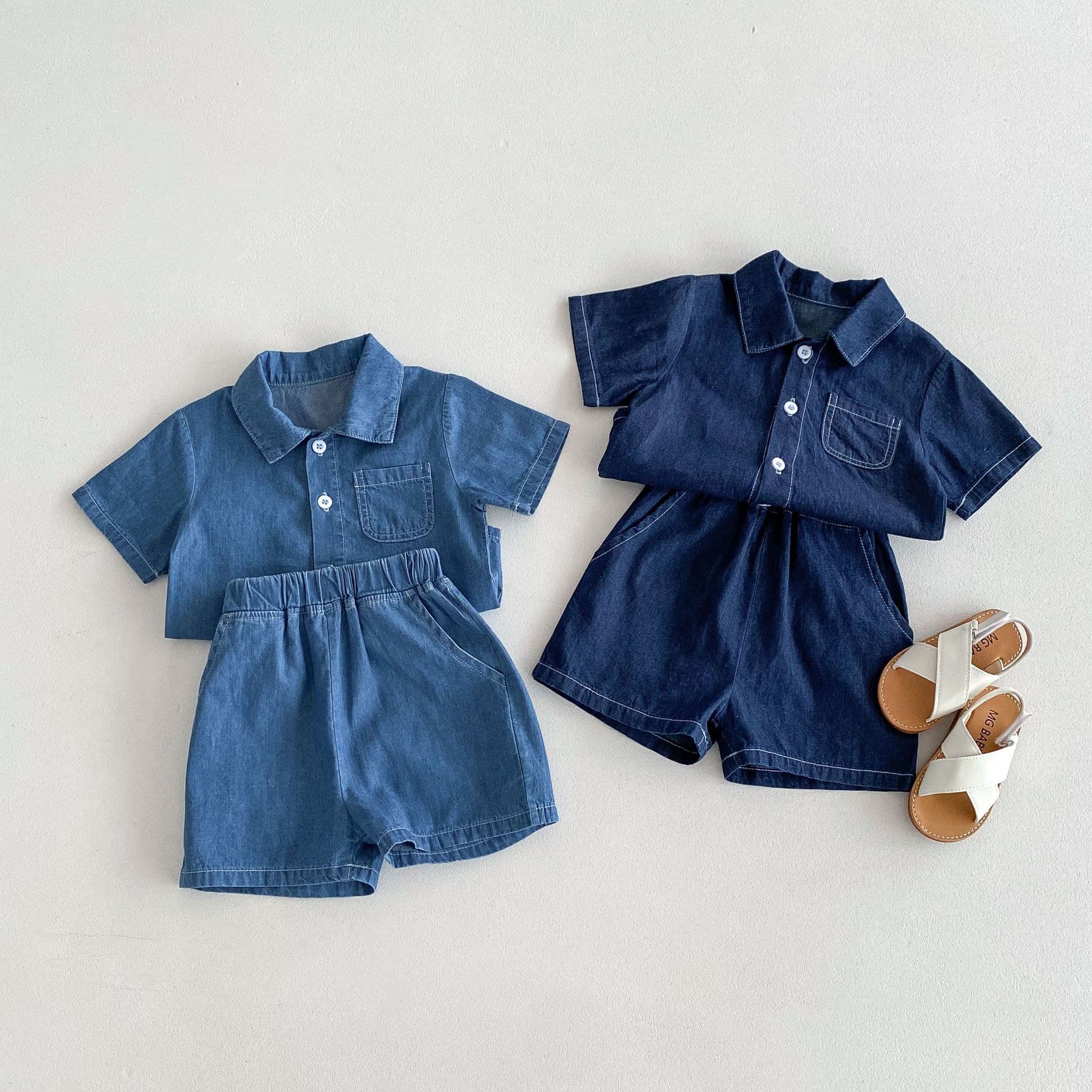 2024 Summer New Arrival Korean Style Denim Cool Thin Cardigan Short Sleeve Shorts Denim Set for Boys, Girls, and Toddlers