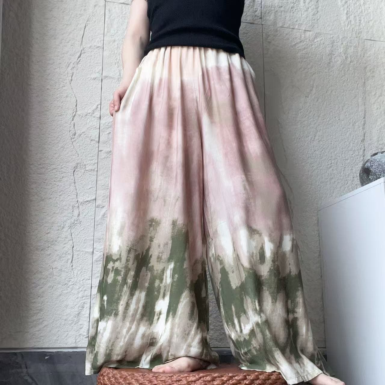 【Extra Large Cotton Skirt Pants】Women's Summer Printed High-Waisted Loose Draped Skirt Pants with Double Pockets, Suitable for Outerwear, Vintage Style