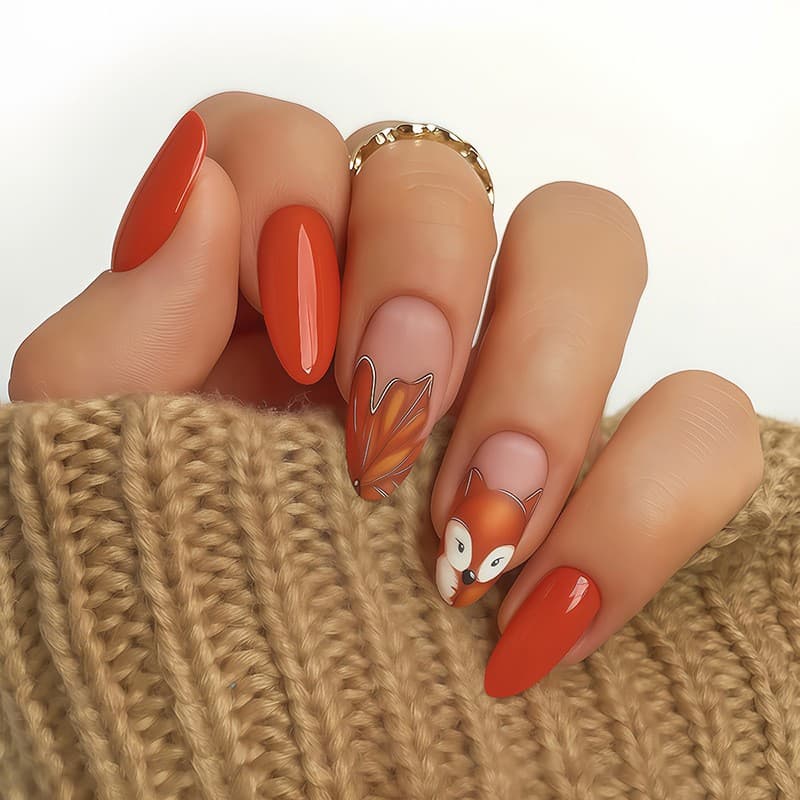 Cross-border hot-selling autumn and winter maple leaf color fox almond-shaped nails simple false nails 24 pieces winter wear nails