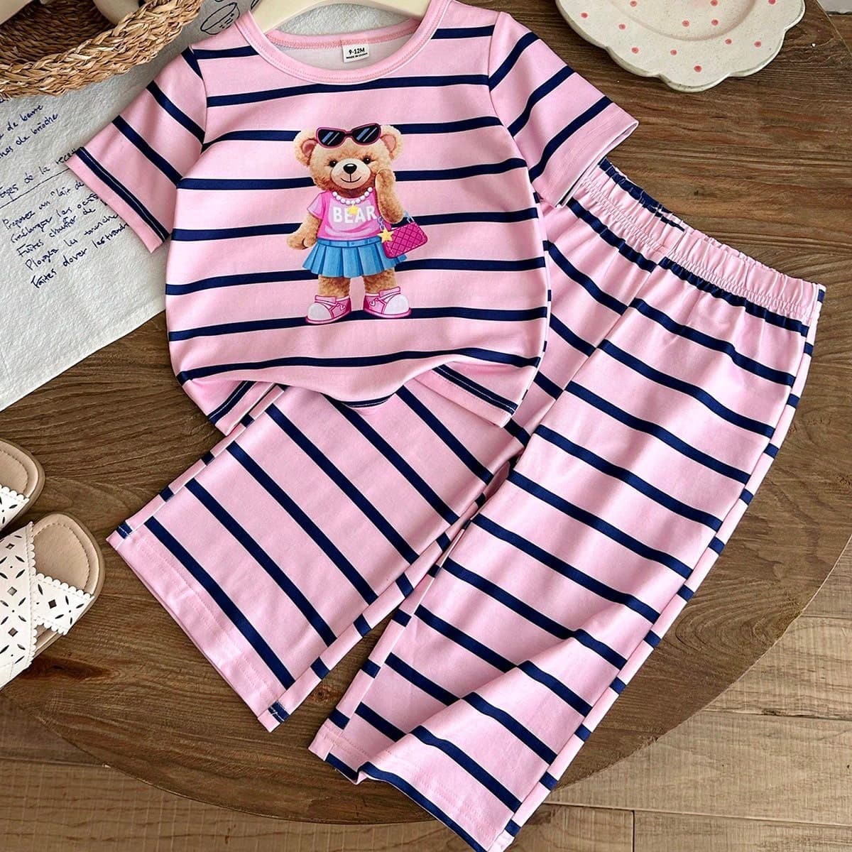 Baby Girls Clothes 0-3Y Summer Short Sleeve Bear Print Striped Top + Long Pants In Stock