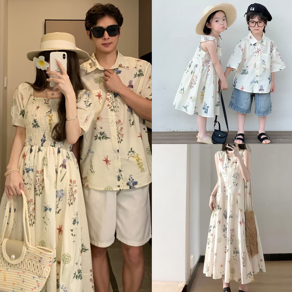 High-end family outfits for three, perfect for summer 2025, featuring mother-daughter styles, floral shirts, and a trendy look for beach vacations.